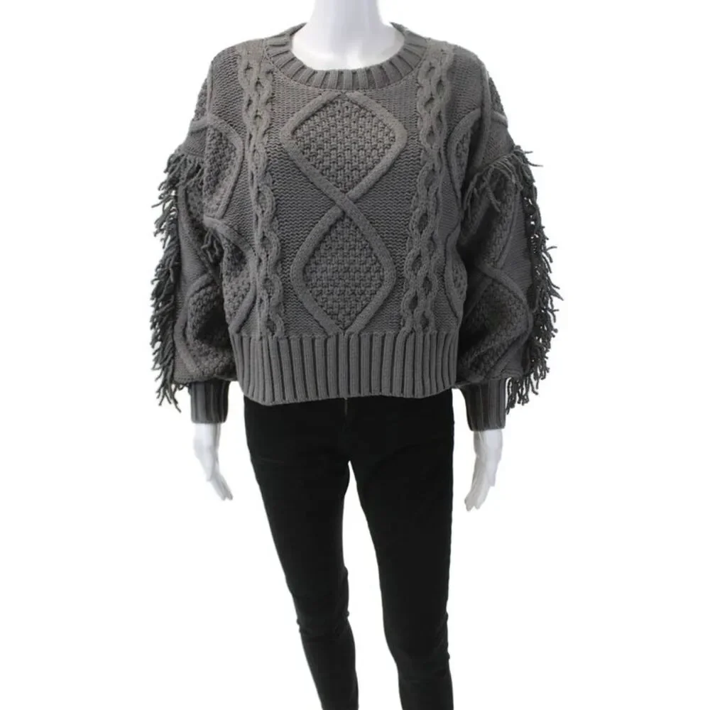Line And Dot Womens Round Neck Long Sleeves Fringe Pullover Sweater Gray Size XS